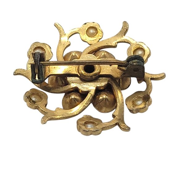 Vintage Floral Brooch With Pink Rhinestone & Faux Pearl Accents Gold Tone - Picture 7 of 8